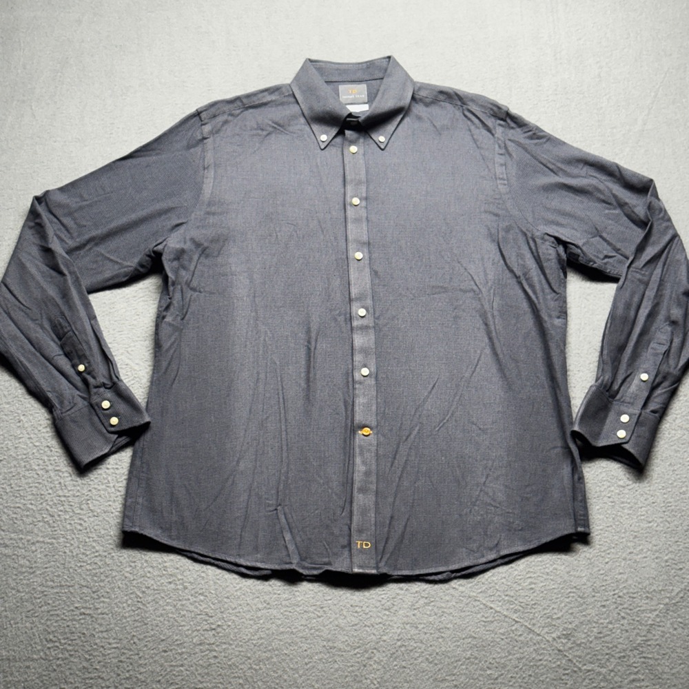 Thomas Dean Mens XL Grey Blue Micro Check Cotton Button Down Shirt Long Sleeve